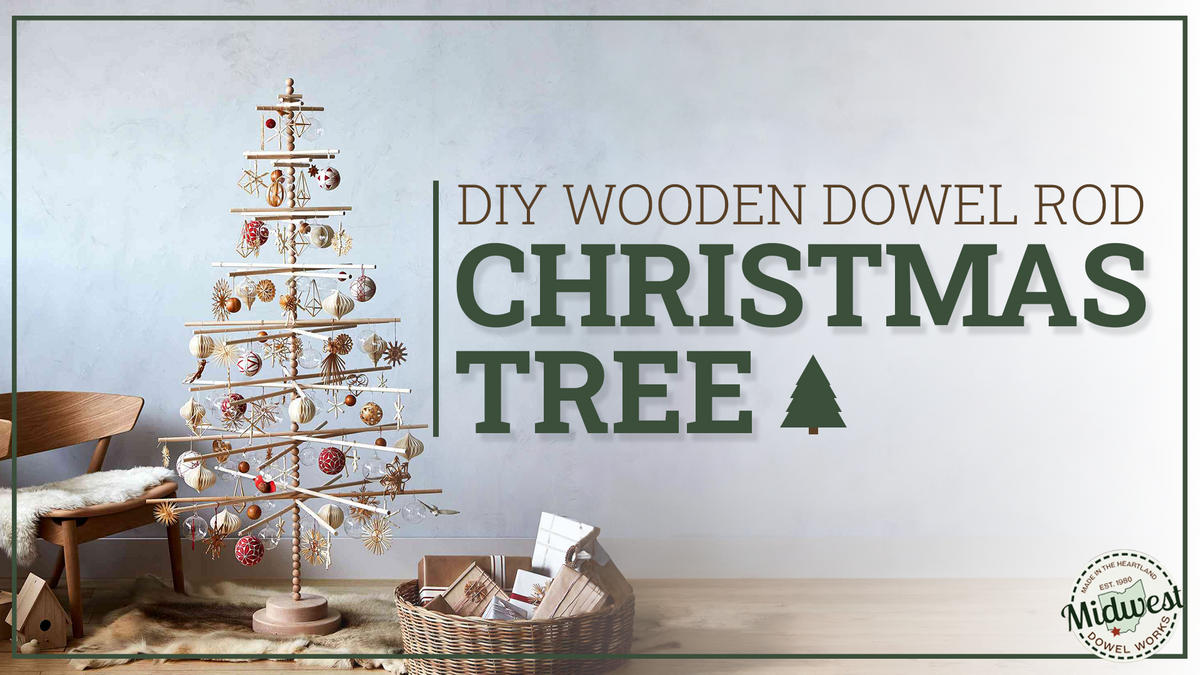 A Christmas tree made of wooden dowels. The text reads, "DIY Wooden Dowel Rod Christmas Trees" 